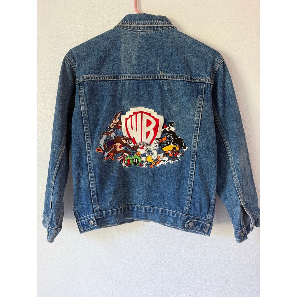 Vintage 90s Looney Tunes Denim Jean Jacket Embroidered Patch Youth Kids Sz Large